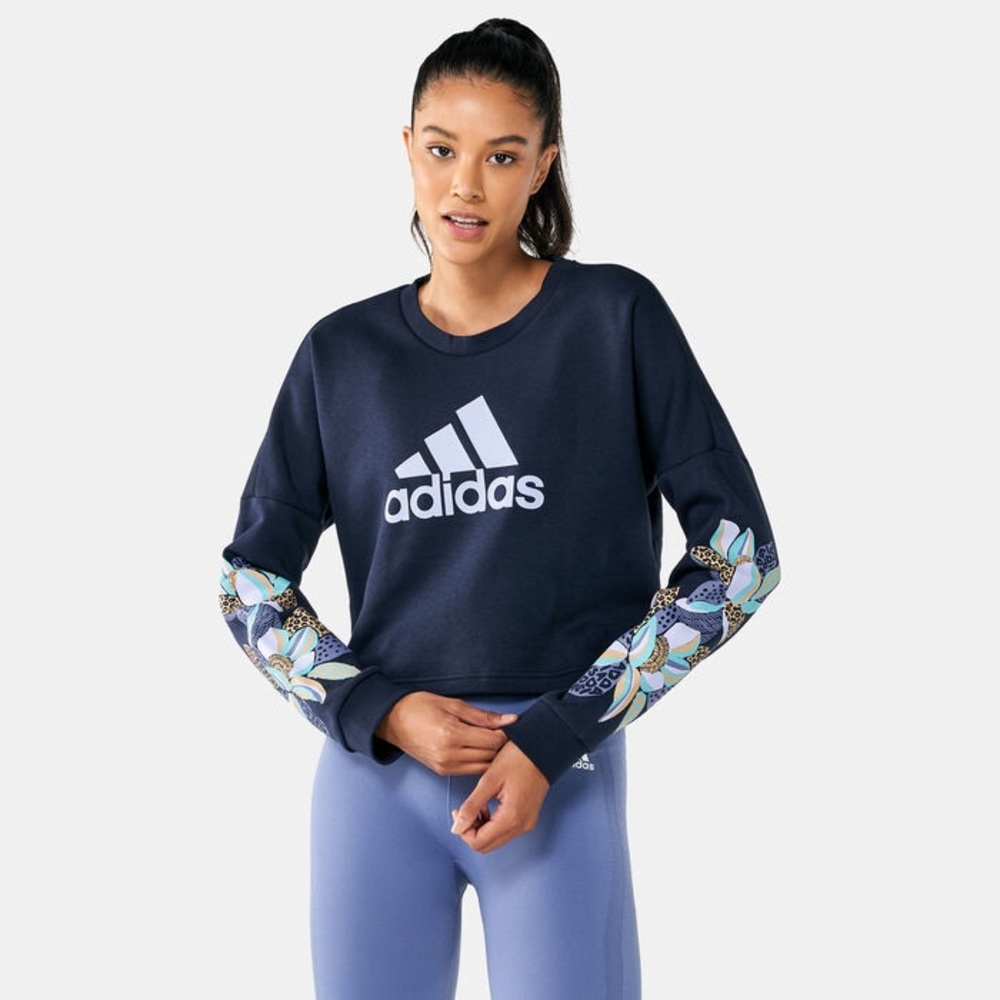 ADIDAS x FARM RIO Cropped Navy Crewneck Sweatshirt Pullover Small